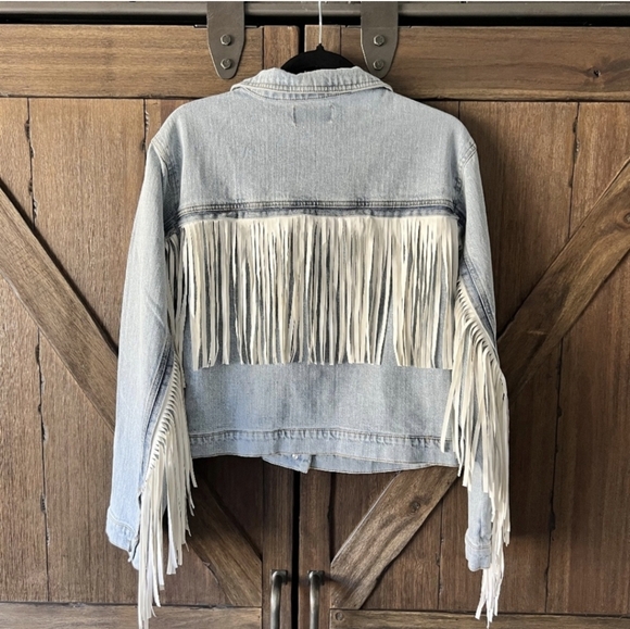 NWT VIGOSS Denim Faux Leather Fringe Jacket Size Large - Picture 3 of 8